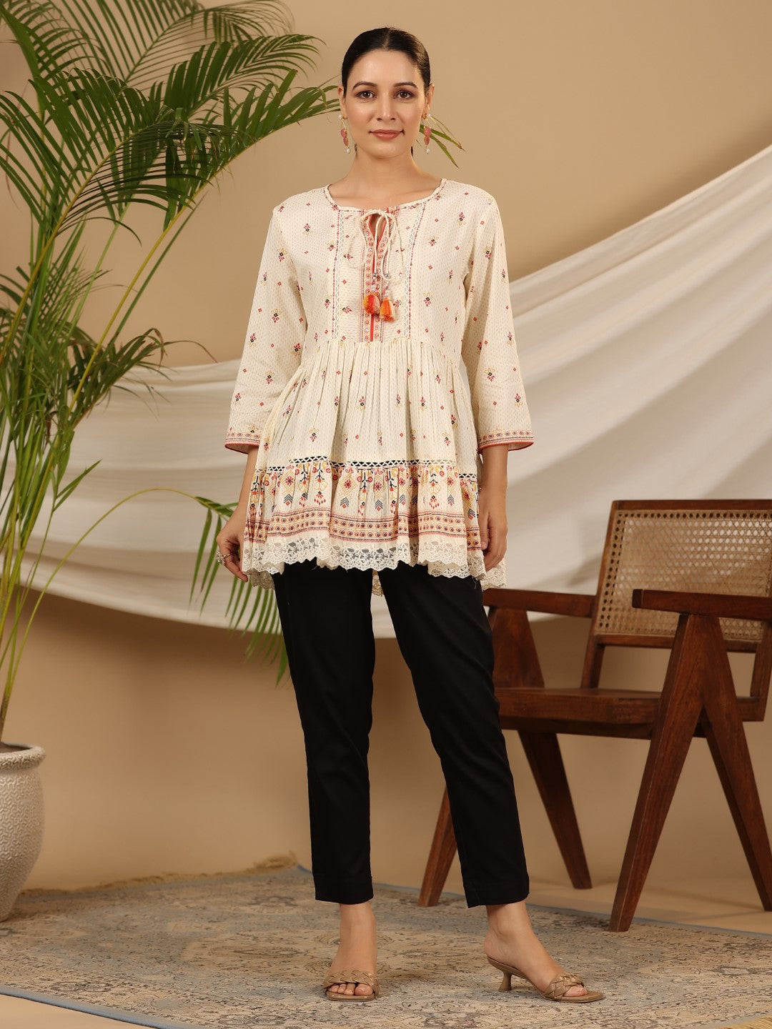 Juniper Women's Ivory Geometric Printed Rayon Tunic With Beads & Sequins | Grocsy