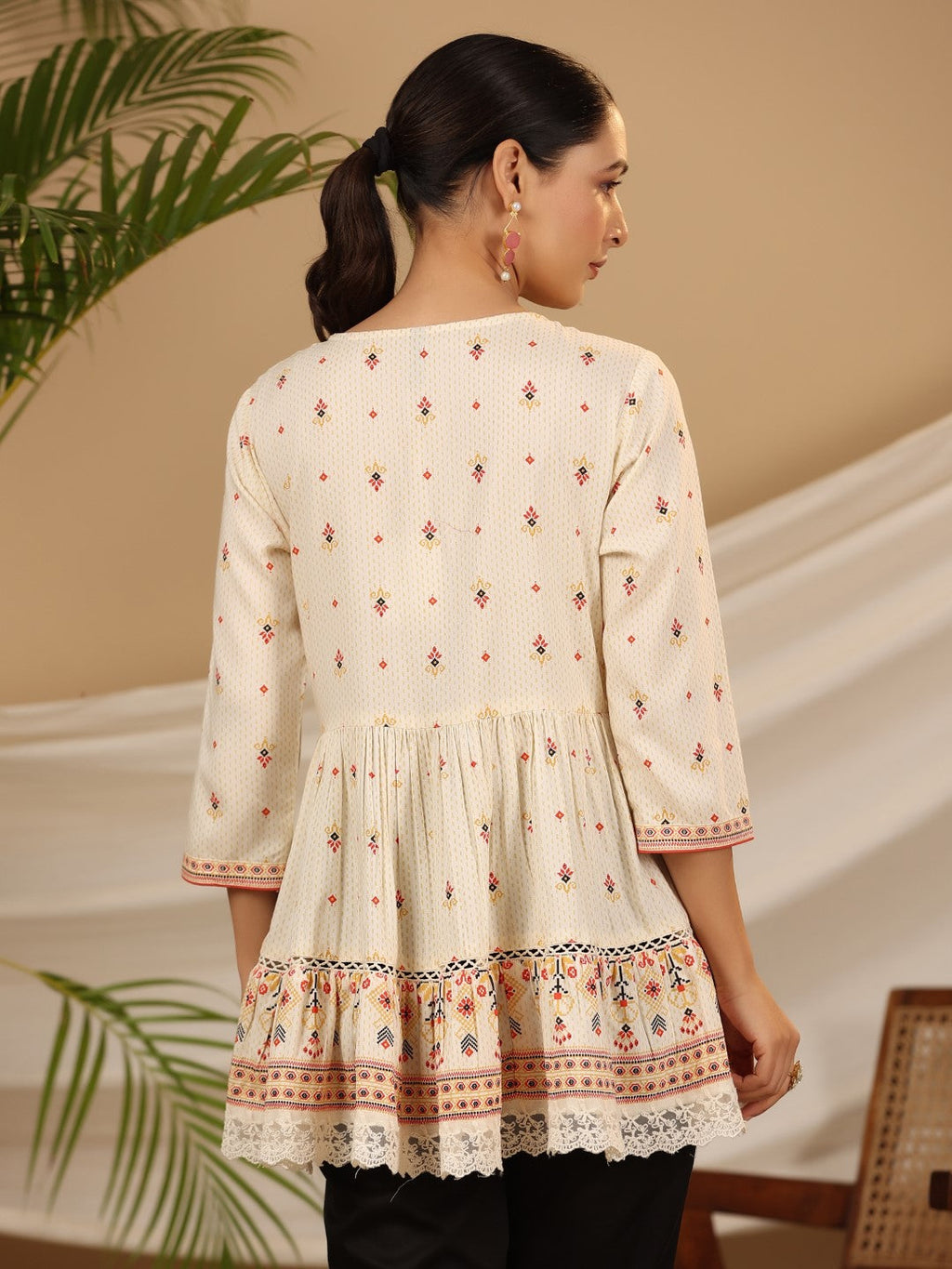 Juniper Women's Ivory Geometric Printed Rayon Tunic With Beads & Sequins | Grocsy