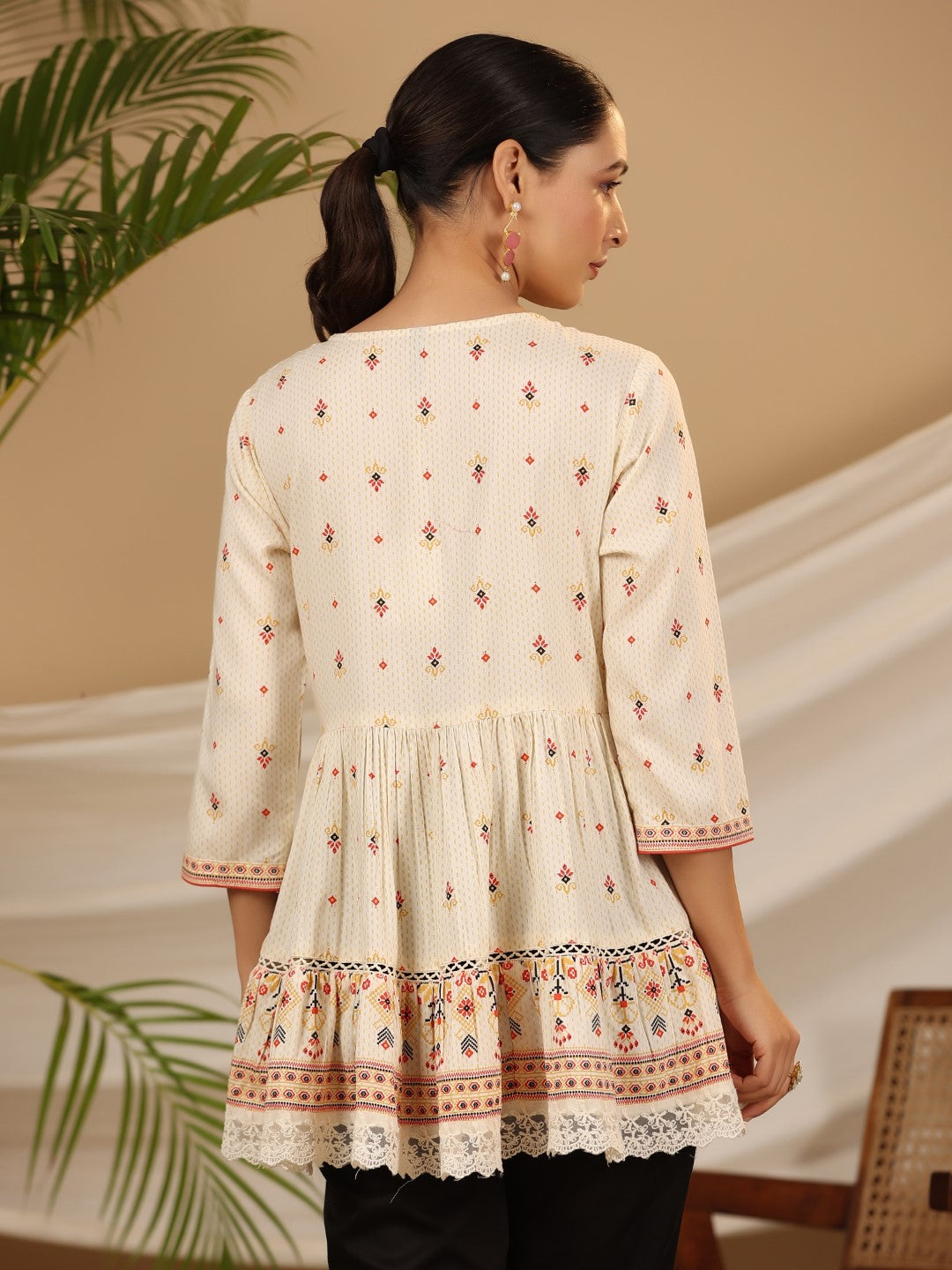 Juniper Women's Ivory Geometric Printed Rayon Tunic With Beads & Sequins | Grocsy