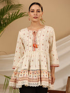 Juniper Women's Ivory Geometric Printed Rayon Tunic With Beads & Sequins | Grocsy