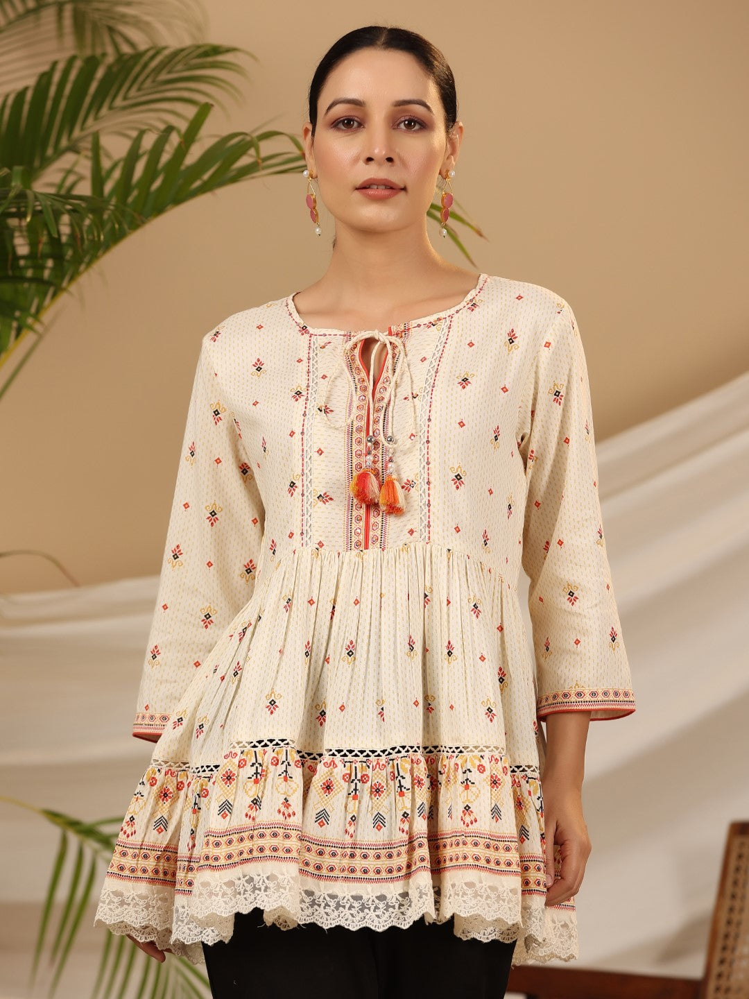 Juniper Women's Ivory Geometric Printed Rayon Tunic With Beads & Sequins | Grocsy