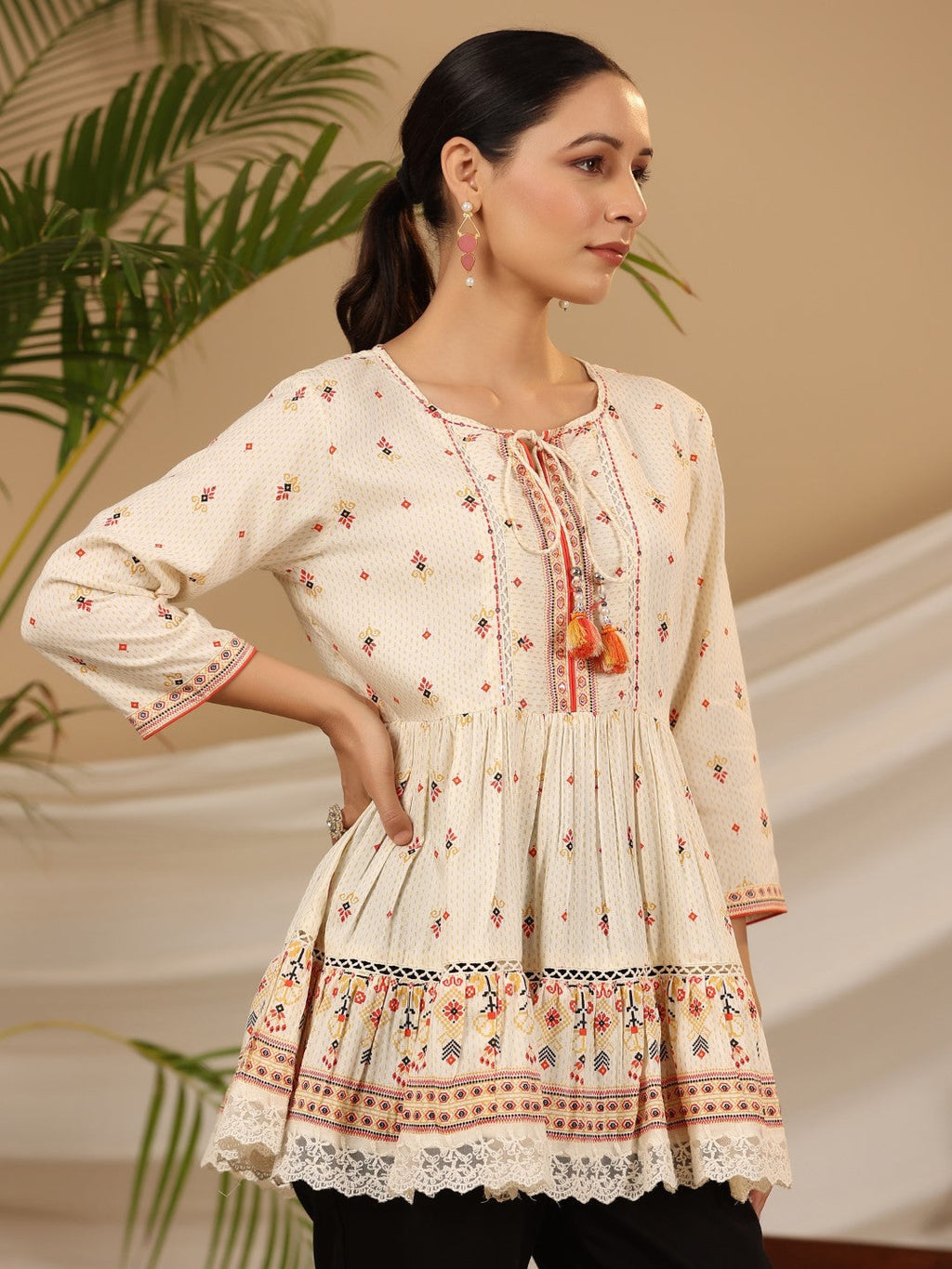 Juniper Women's Ivory Geometric Printed Rayon Tunic With Beads & Sequins | Grocsy