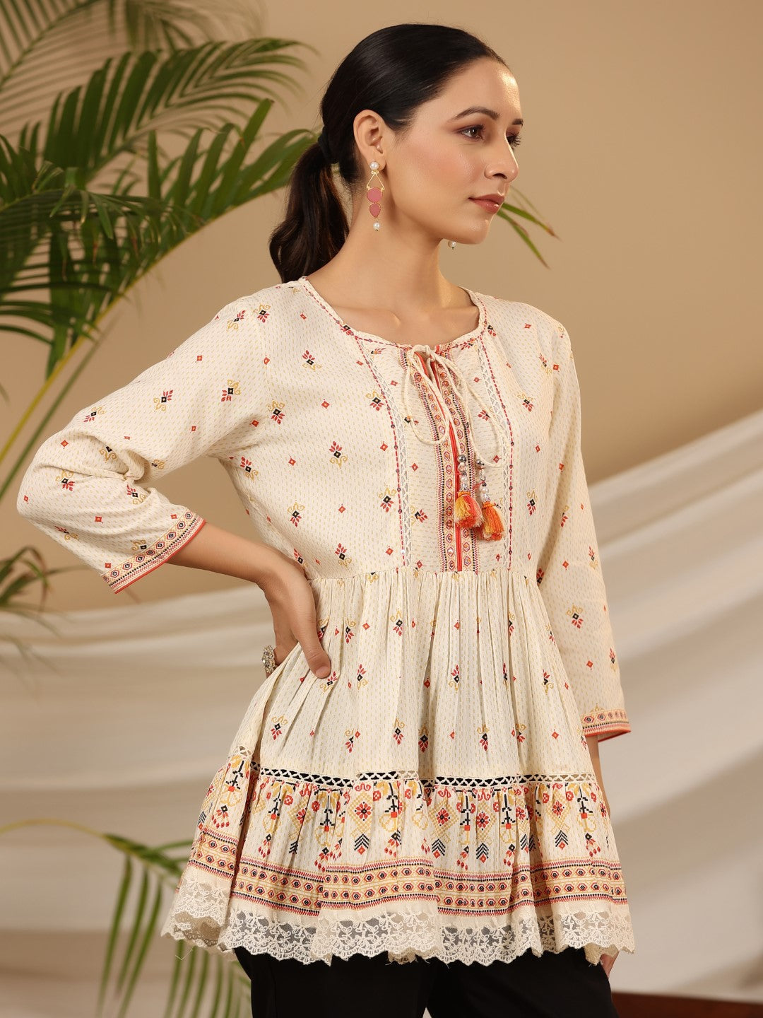 Juniper Women's Ivory Geometric Printed Rayon Tunic With Beads & Sequins | Grocsy