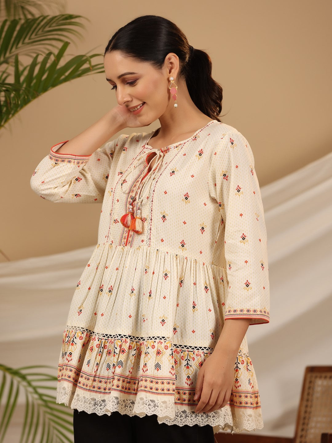 Juniper Women's Ivory Geometric Printed Rayon Tunic With Beads & Sequins | Grocsy