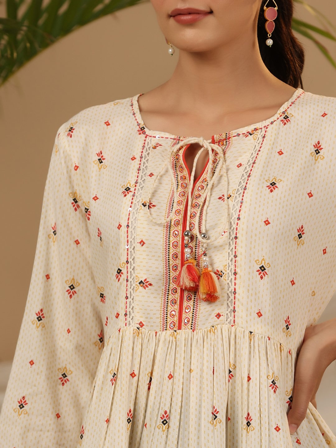 Juniper Women's Ivory Geometric Printed Rayon Tunic With Beads & Sequins | Grocsy