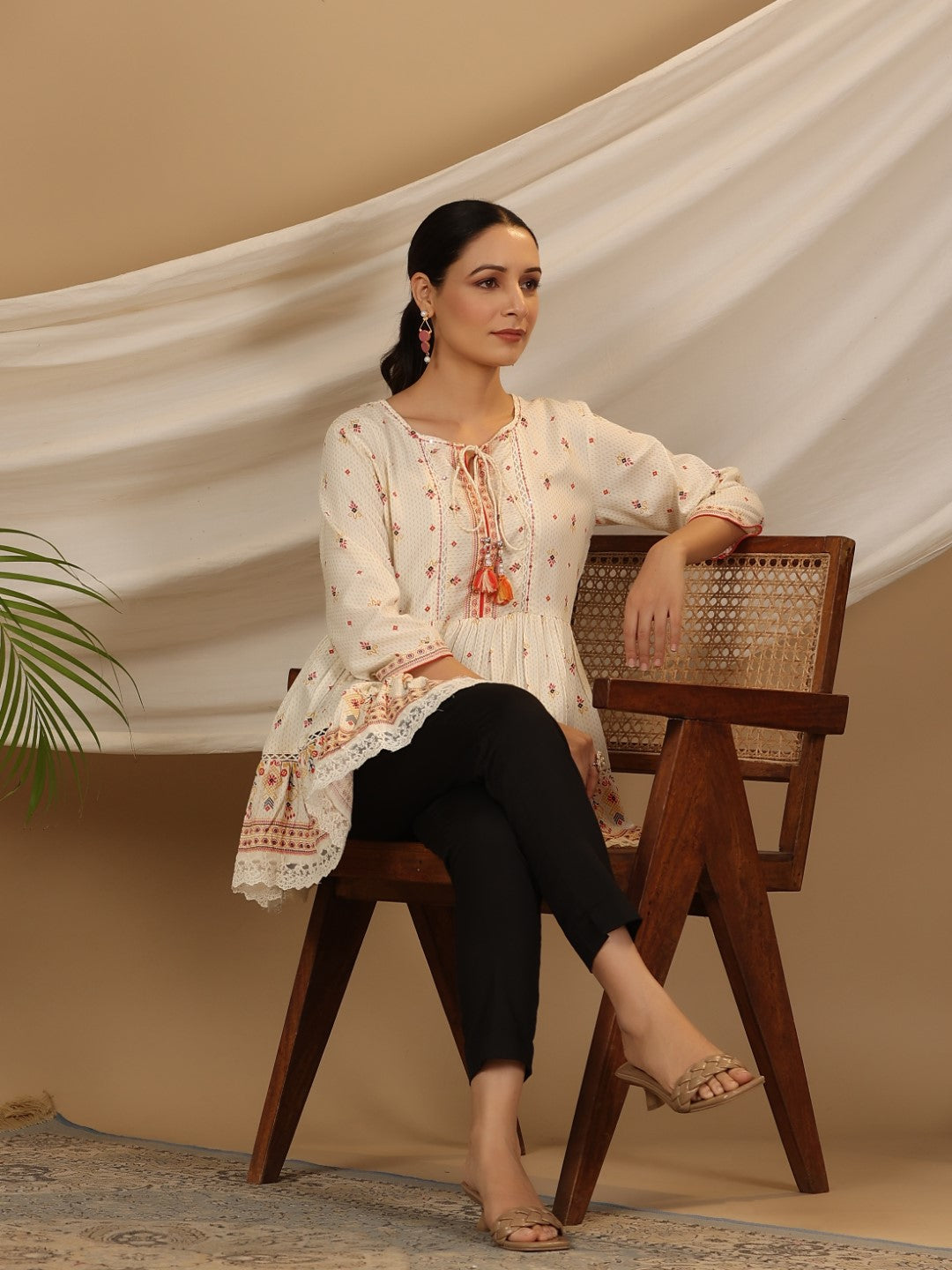 Juniper Women's Ivory Geometric Printed Rayon Tunic With Beads & Sequins | Grocsy