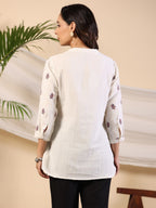 Juniper Ivory Women Floral Embroidered High-Low Cotton Tunic With Half Placket | Grocsy