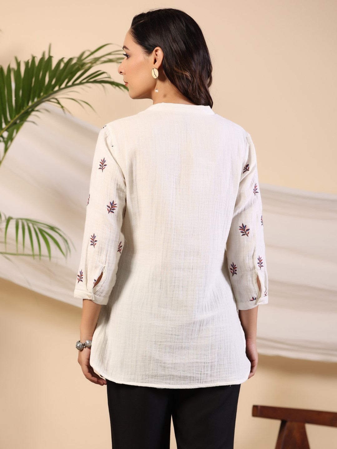 Juniper Ivory Women Floral Embroidered High-Low Cotton Tunic With Half Placket | Grocsy