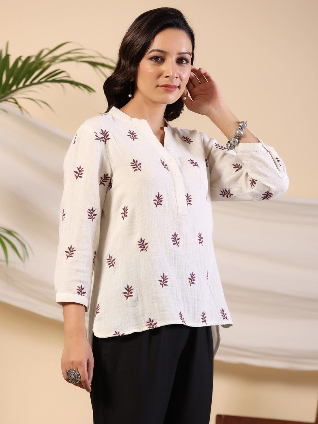 Juniper Ivory Women Floral Embroidered High-Low Cotton Tunic With Half Placket | Grocsy