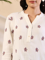 Juniper Ivory Women Floral Embroidered High-Low Cotton Tunic With Half Placket | Grocsy