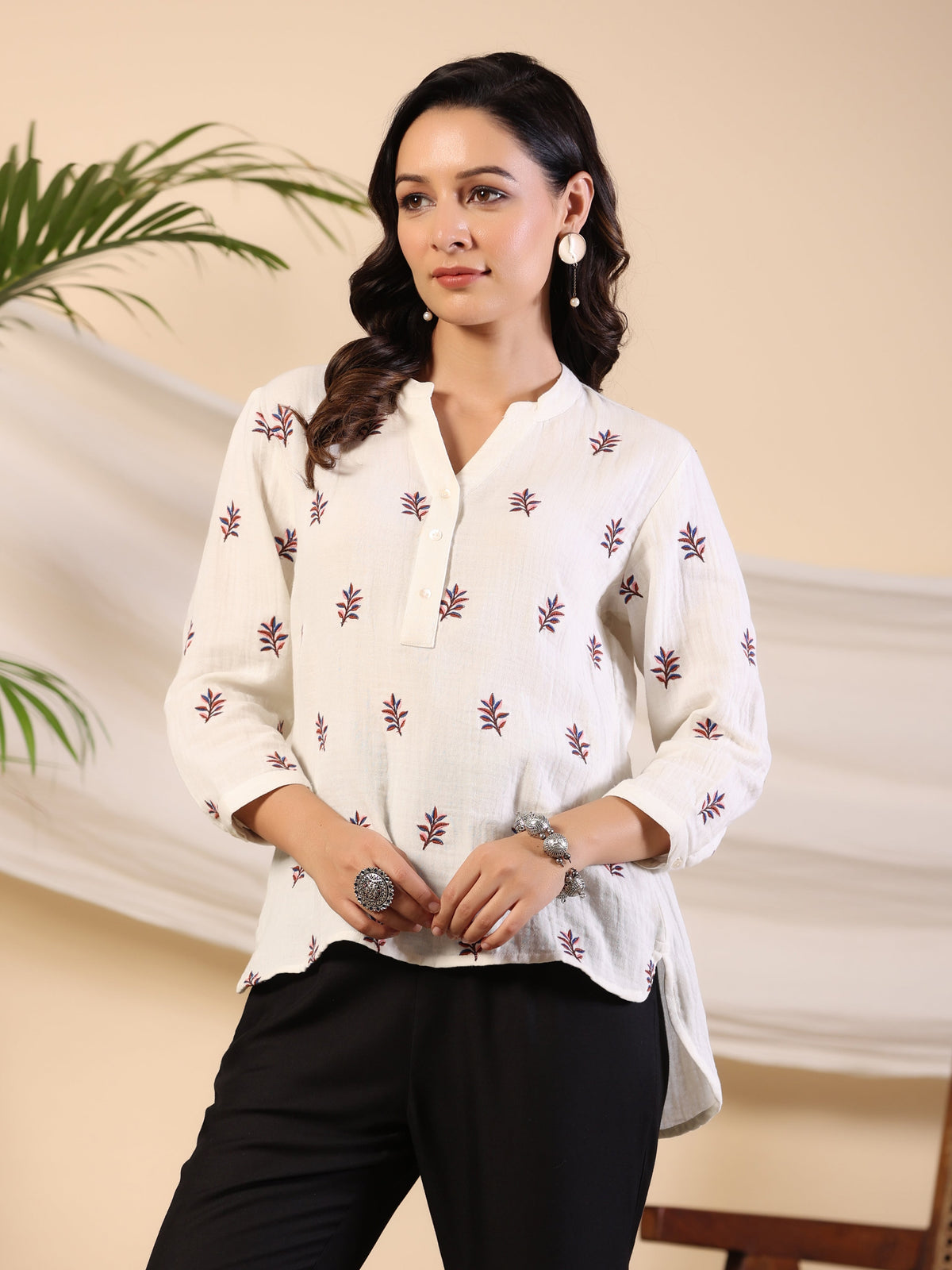 Juniper Ivory Women Floral Embroidered High-Low Cotton Tunic With Half Placket | Grocsy