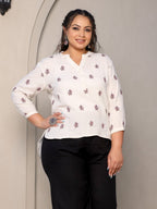 Juniper Ivory Women Floral Embroidered High-Low Cotton Plus Size Tunic With Half Placket | Grocsy
