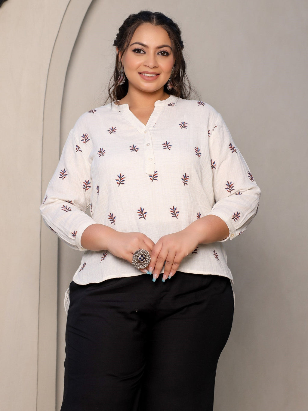 Juniper Ivory Women Floral Embroidered High-Low Cotton Plus Size Tunic With Half Placket | Grocsy