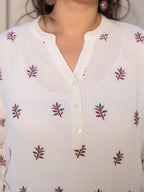 Juniper Ivory Women Floral Embroidered High-Low Cotton Plus Size Tunic With Half Placket | Grocsy
