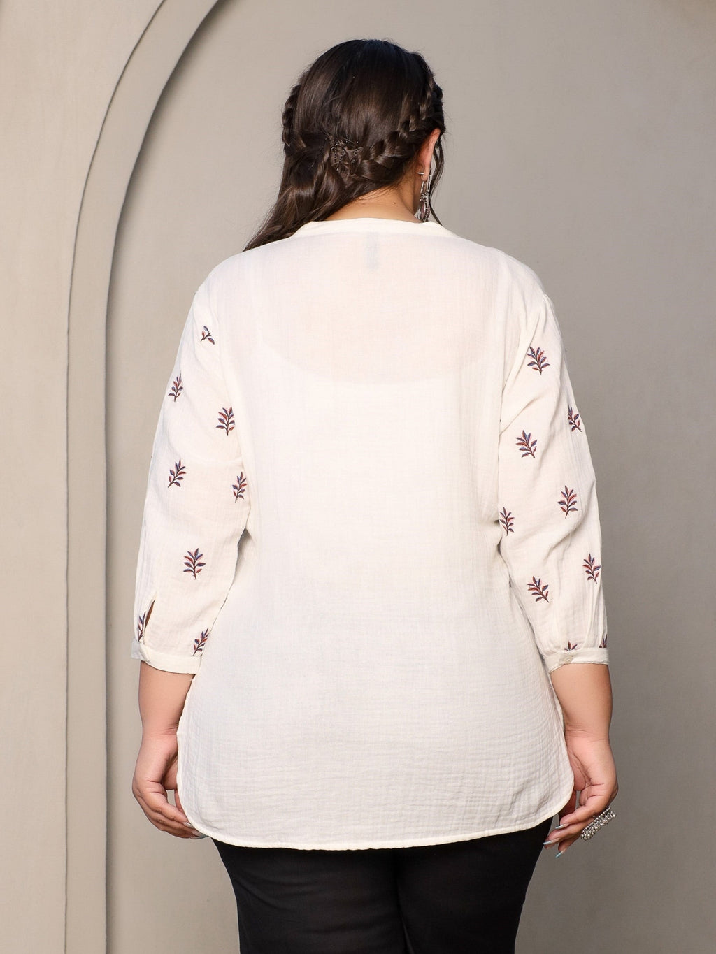 Juniper Ivory Women Floral Embroidered High-Low Cotton Plus Size Tunic With Half Placket | Grocsy