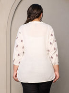 Juniper Ivory Women Floral Embroidered High-Low Cotton Plus Size Tunic With Half Placket | Grocsy