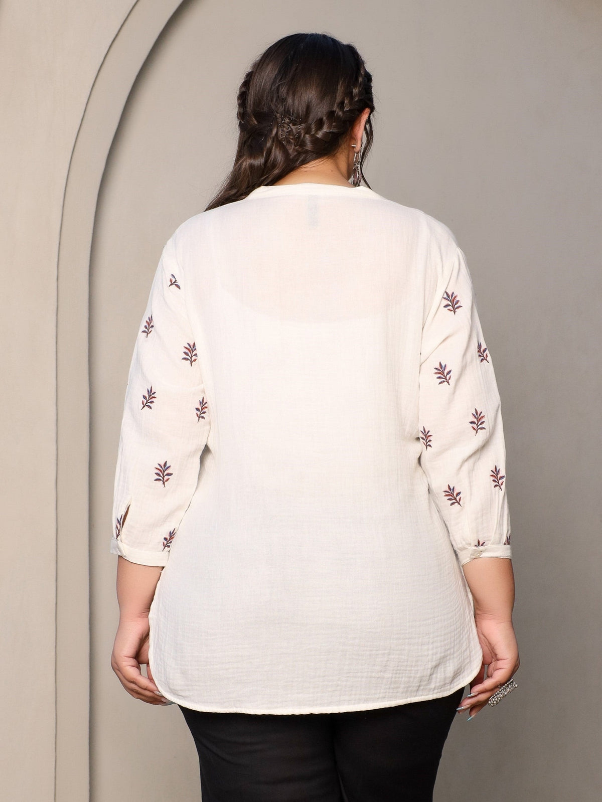 Juniper Ivory Women Floral Embroidered High-Low Cotton Plus Size Tunic With Half Placket | Grocsy