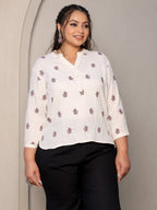 Juniper Ivory Women Floral Embroidered High-Low Cotton Plus Size Tunic With Half Placket | Grocsy