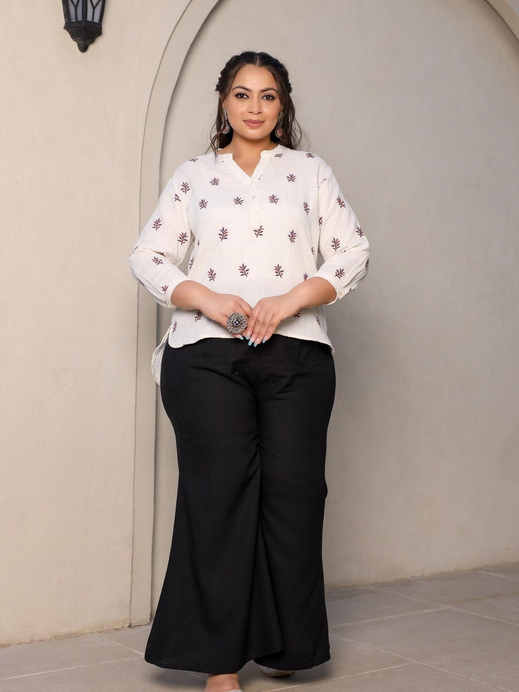 Juniper Ivory Women Floral Embroidered High-Low Cotton Plus Size Tunic With Half Placket | Grocsy