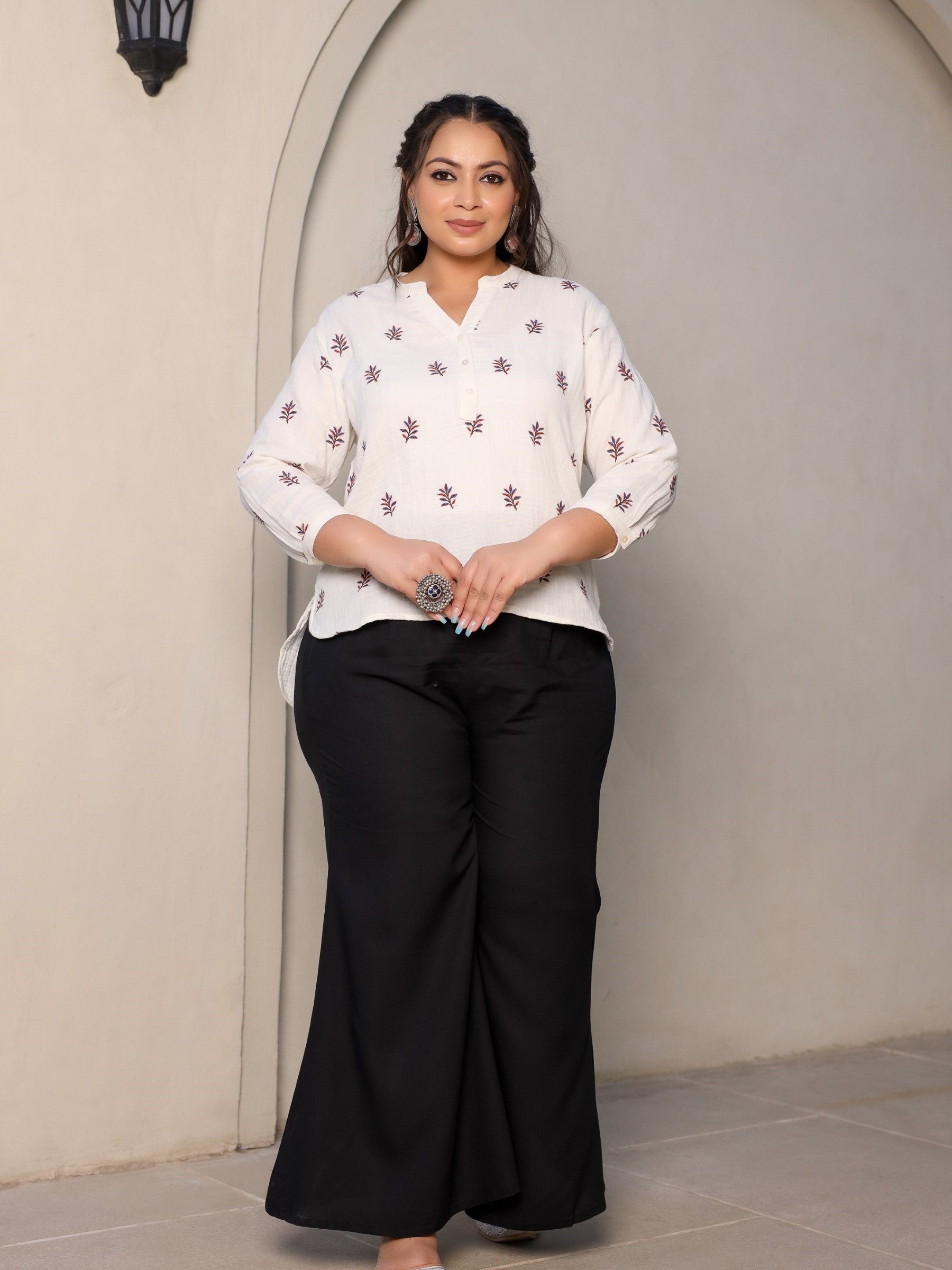 Juniper Ivory Women Floral Embroidered High-Low Cotton Plus Size Tunic With Half Placket | Grocsy