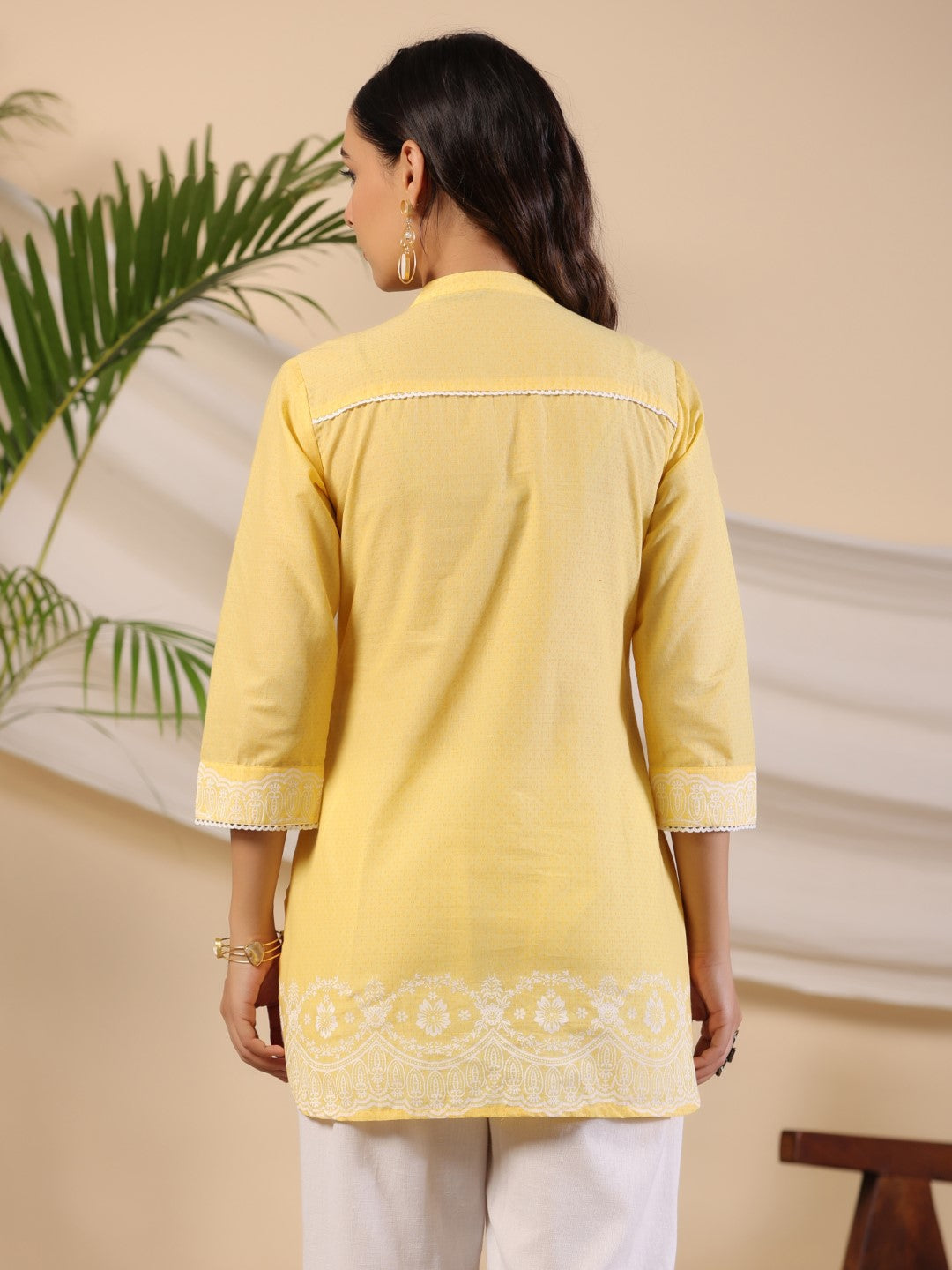 Juniper Yellow Ethnic Motif Printed Pure Cotton Tunic With Lace Work | Grocsy