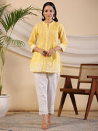 Juniper Yellow Ethnic Motif Printed Pure Cotton Tunic With Lace Work | Grocsy