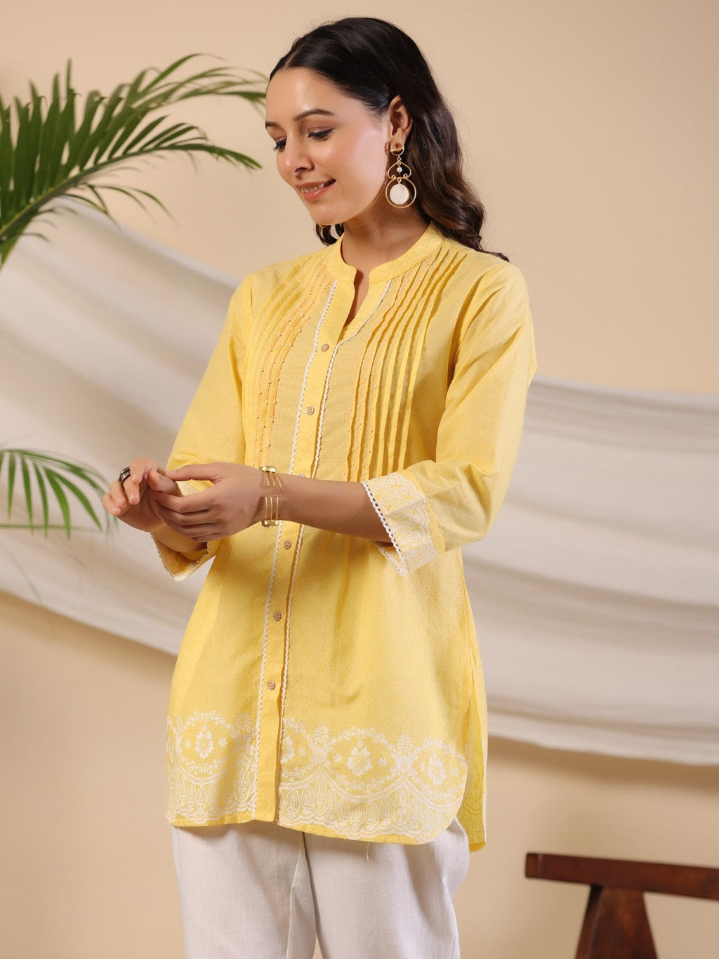 Juniper Yellow Ethnic Motif Printed Pure Cotton Tunic With Lace Work | Grocsy
