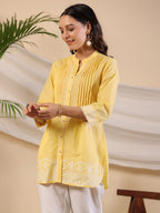 Juniper Yellow Ethnic Motif Printed Pure Cotton Tunic With Lace Work | Grocsy
