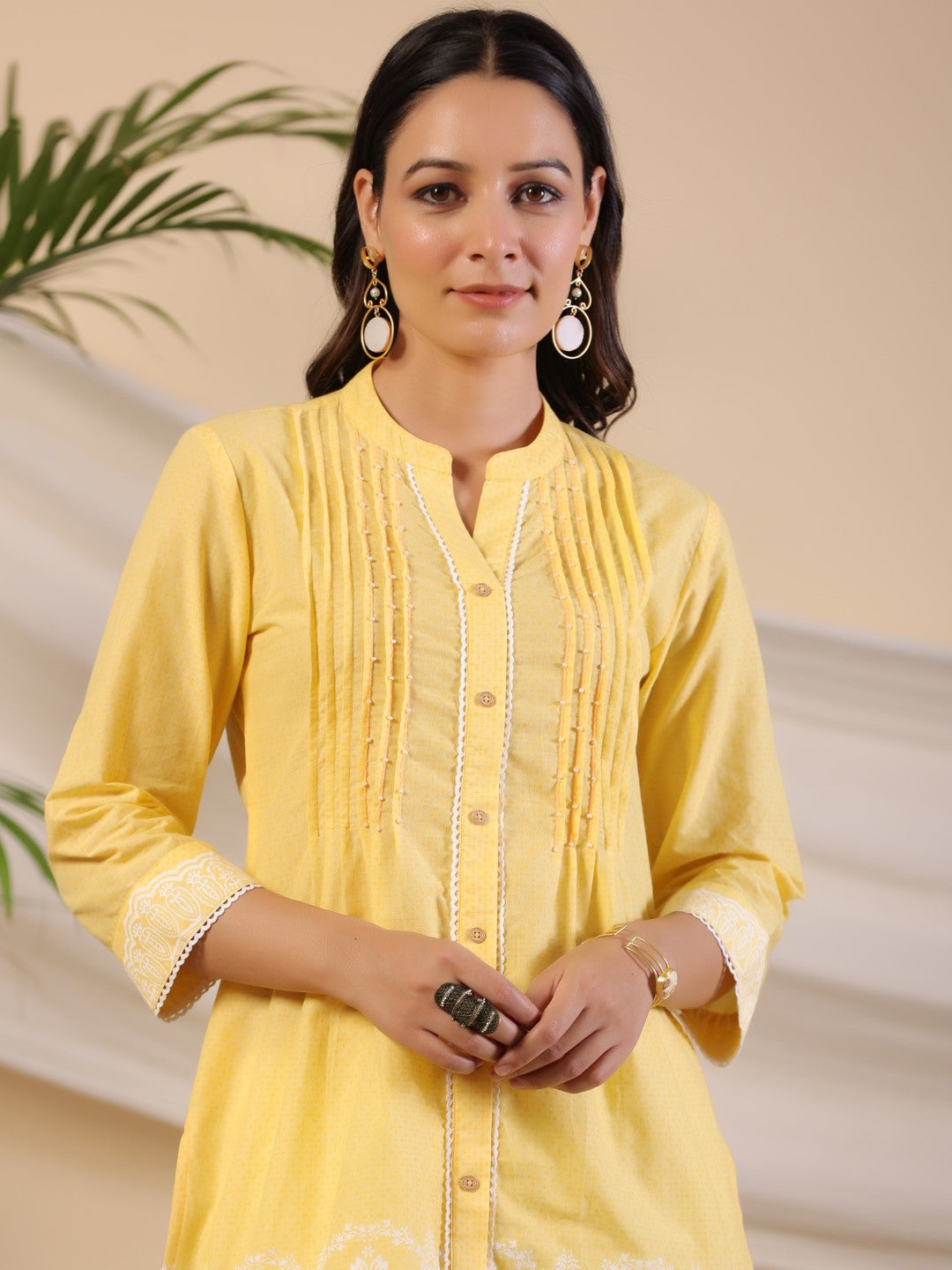 Juniper Yellow Ethnic Motif Printed Pure Cotton Tunic With Lace Work | Grocsy