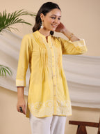 Juniper Yellow Ethnic Motif Printed Pure Cotton Tunic With Lace Work | Grocsy
