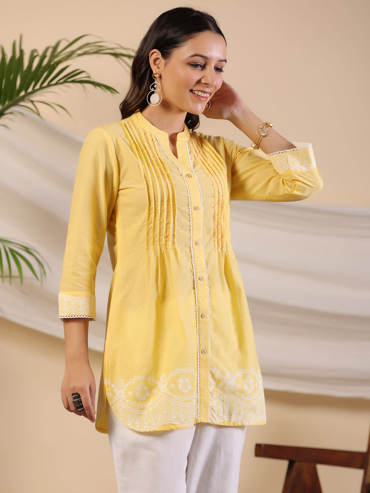 Juniper Yellow Ethnic Motif Printed Pure Cotton Tunic With Lace Work | Grocsy