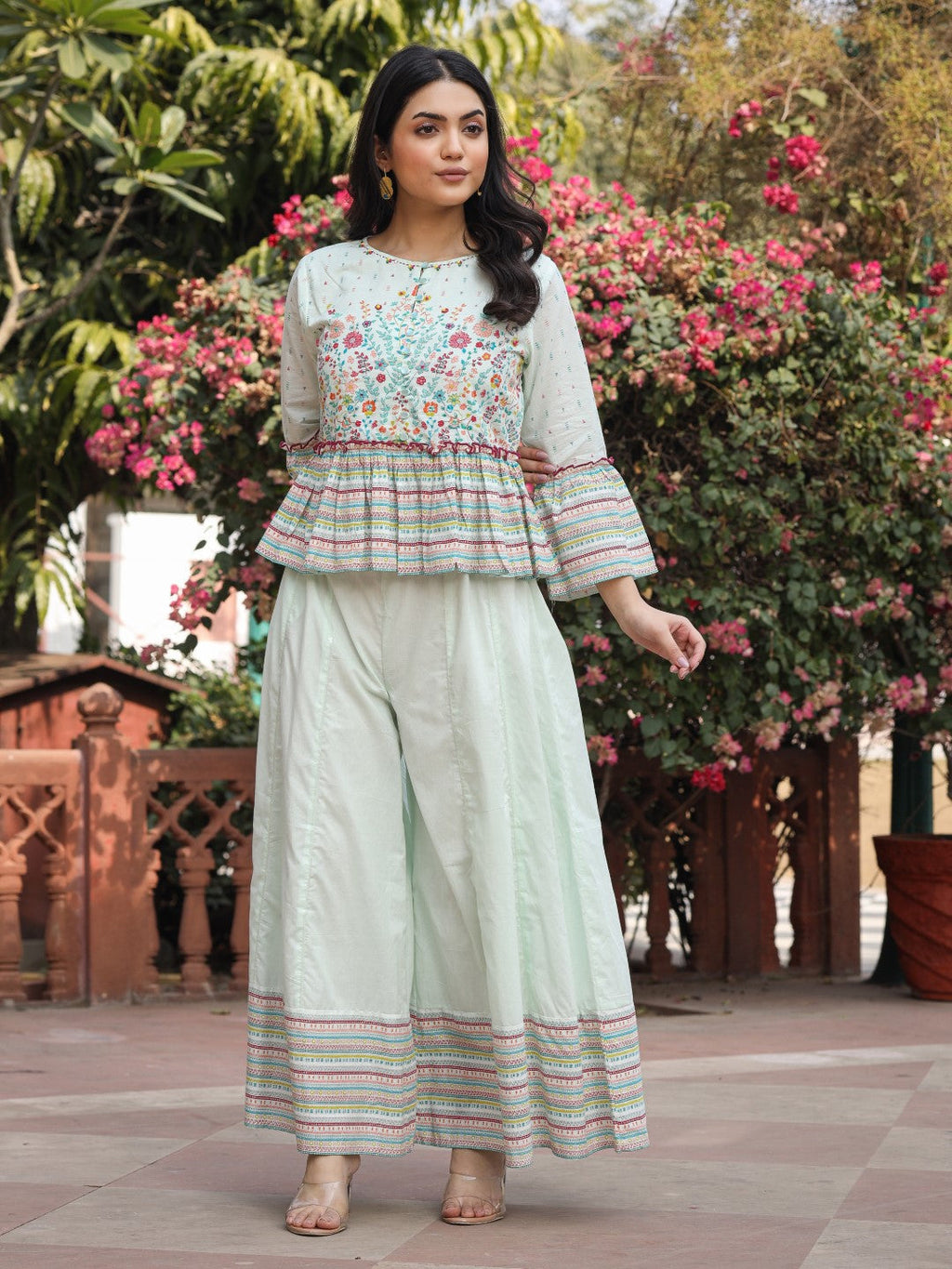Juniper Women's Mint Floral Printed Peplum Co-Ord Set With Kantha Work & Beads | Grocsy