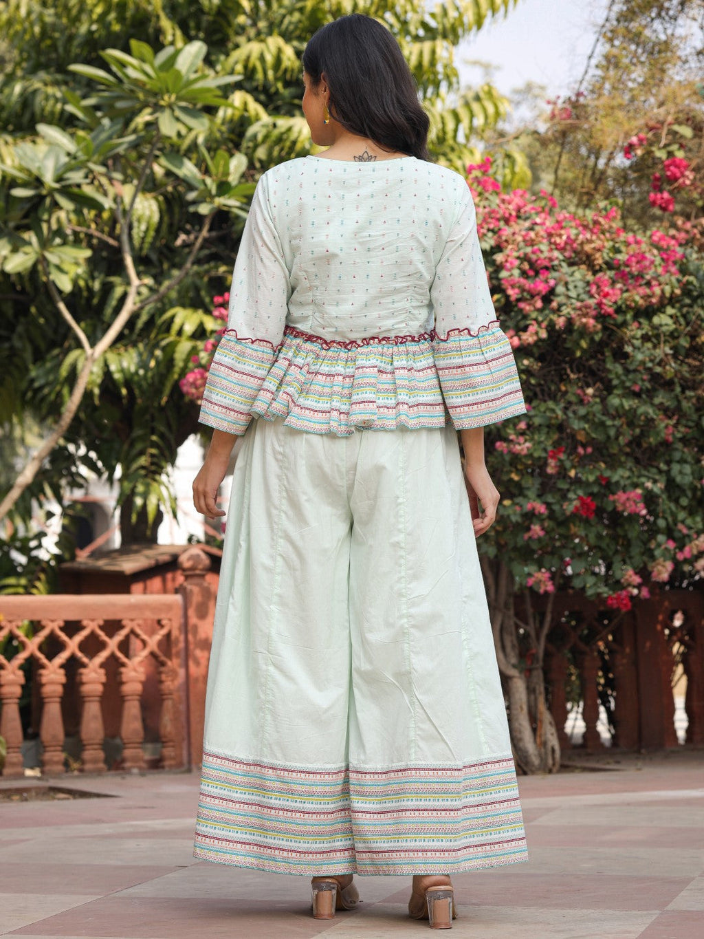 Juniper Women's Mint Floral Printed Peplum Co-Ord Set With Kantha Work & Beads | Grocsy