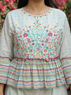 Juniper Women's Mint Floral Printed Peplum Co-Ord Set With Kantha Work & Beads | Grocsy