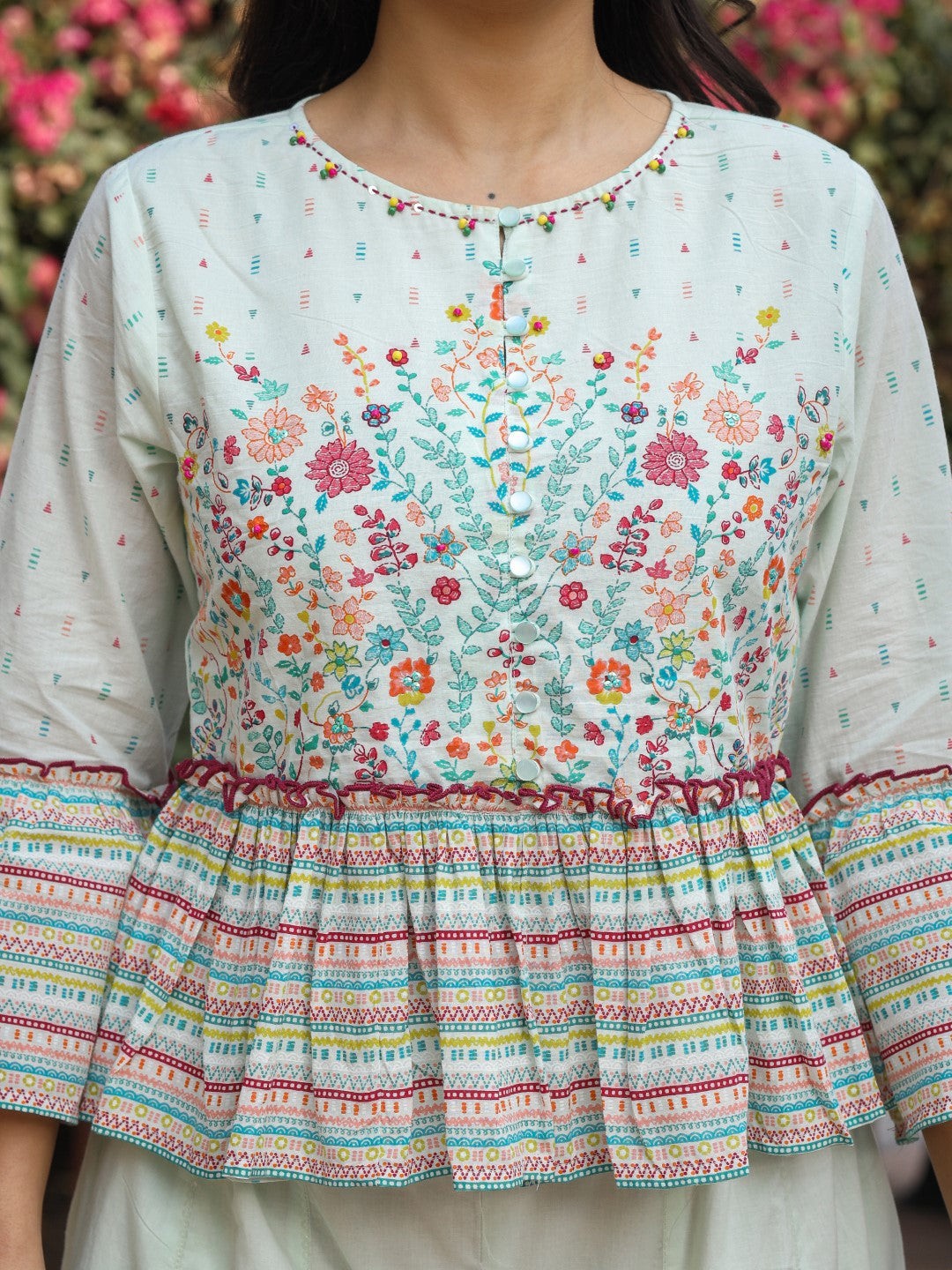 Juniper Women's Mint Floral Printed Peplum Co-Ord Set With Kantha Work & Beads | Grocsy