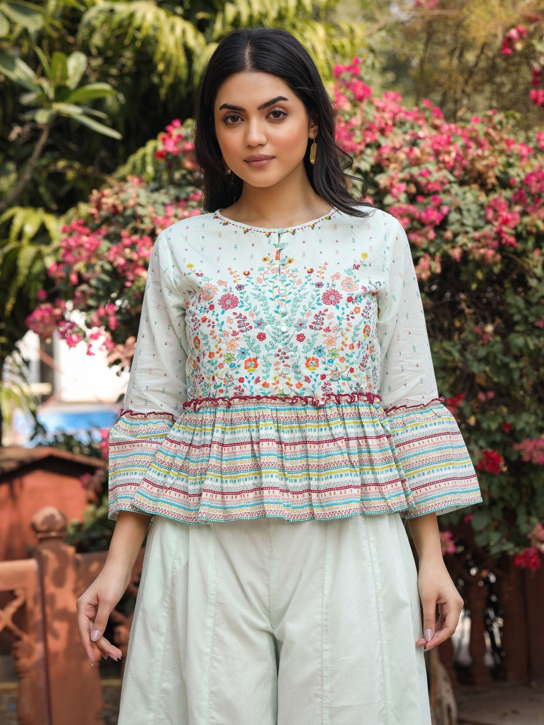Juniper Women's Mint Floral Printed Peplum Co-Ord Set With Kantha Work & Beads | Grocsy
