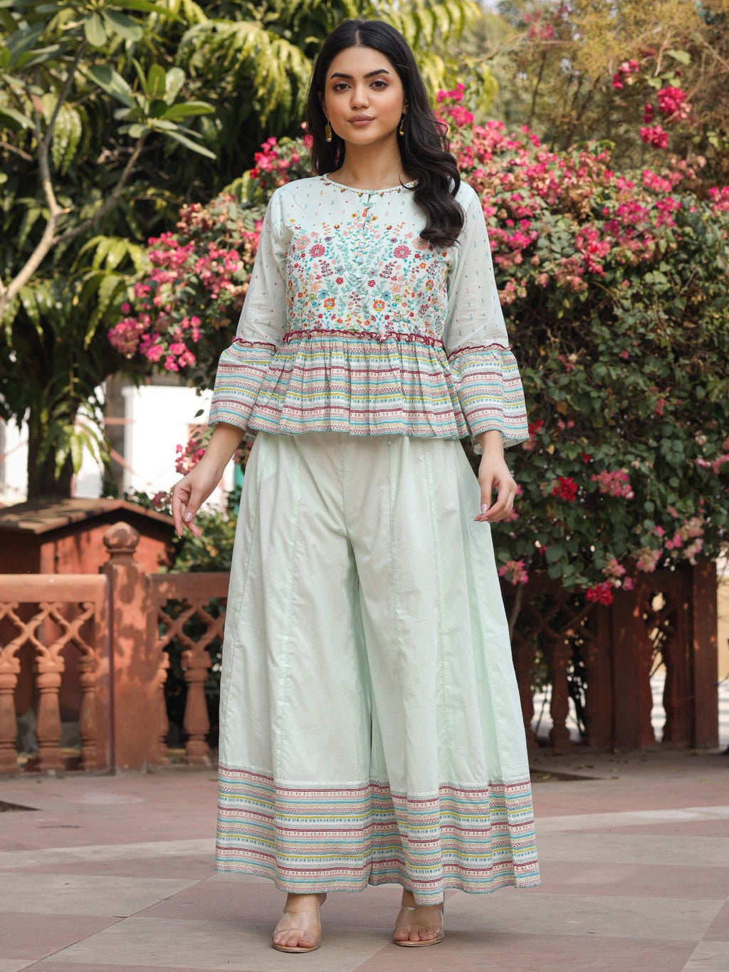 Juniper Women's Mint Floral Printed Peplum Co-Ord Set With Kantha Work & Beads | Grocsy