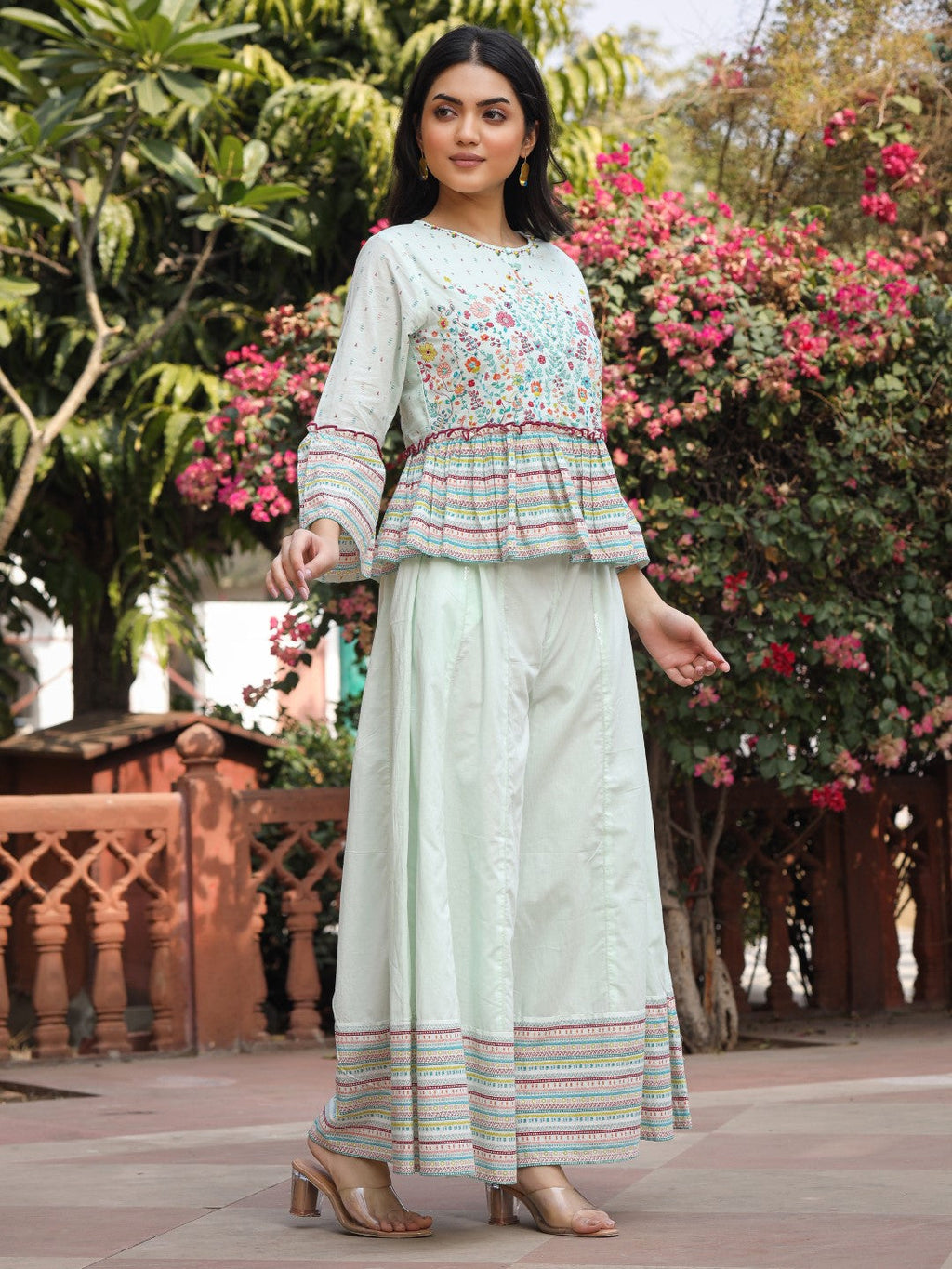 Juniper Women's Mint Floral Printed Peplum Co-Ord Set With Kantha Work & Beads | Grocsy