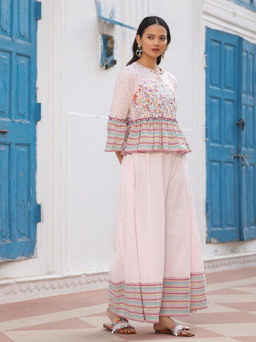 Juniper Pink Floral Printed Peplum Co-Ord Set With Kantha Work & Beads | Grocsy