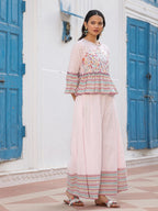 Juniper Pink Floral Printed Peplum Co-Ord Set With Kantha Work & Beads | Grocsy