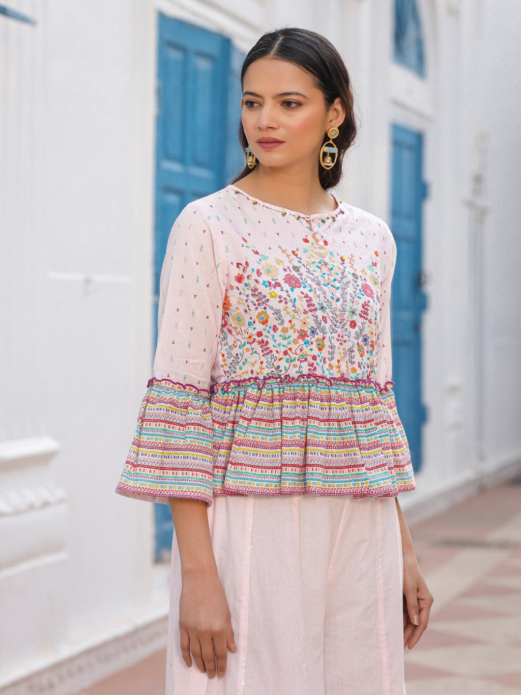 Juniper Pink Floral Printed Peplum Co-Ord Set With Kantha Work & Beads | Grocsy
