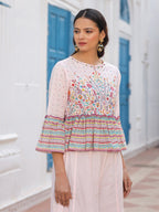 Juniper Pink Floral Printed Peplum Co-Ord Set With Kantha Work & Beads | Grocsy