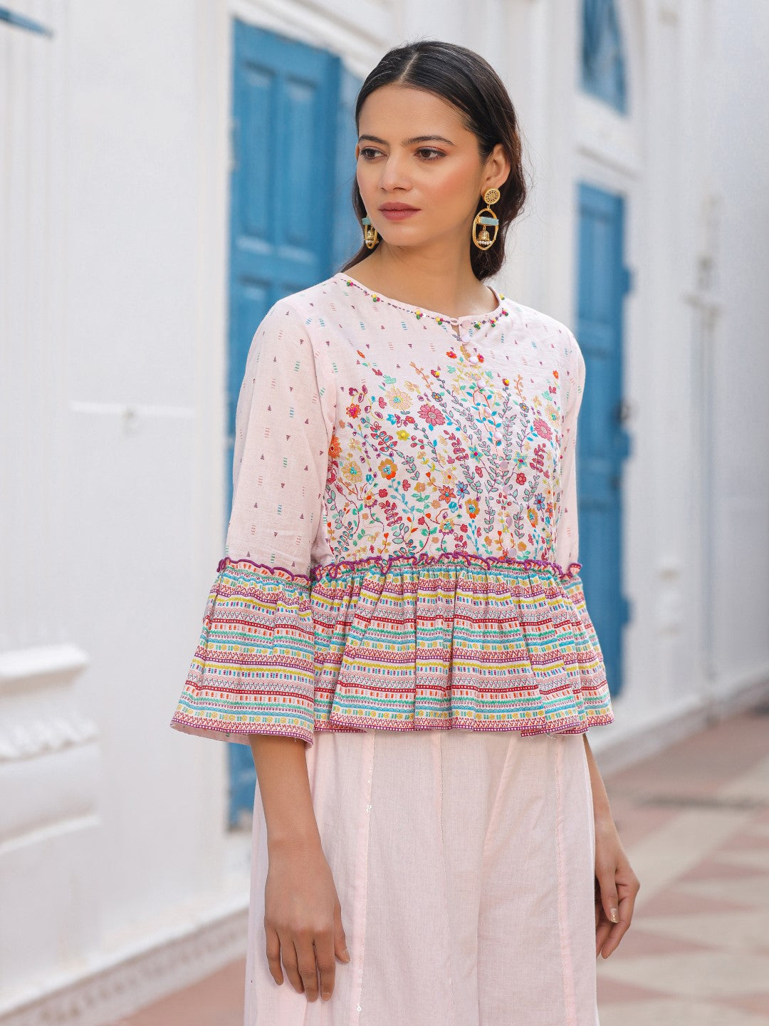 Juniper Pink Floral Printed Peplum Co-Ord Set With Kantha Work & Beads | Grocsy