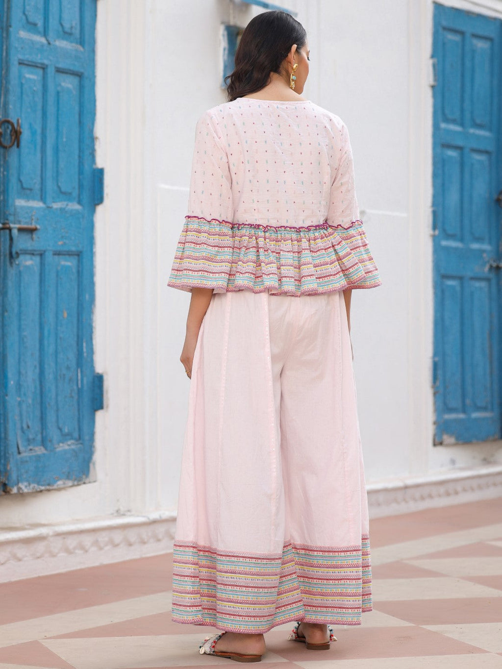 Juniper Pink Floral Printed Peplum Co-Ord Set With Kantha Work & Beads | Grocsy