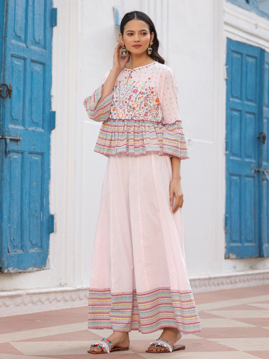 Juniper Pink Floral Printed Peplum Co-Ord Set With Kantha Work & Beads | Grocsy