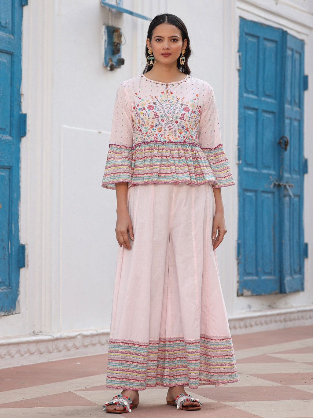 Juniper Pink Floral Printed Peplum Co-Ord Set With Kantha Work & Beads | Grocsy