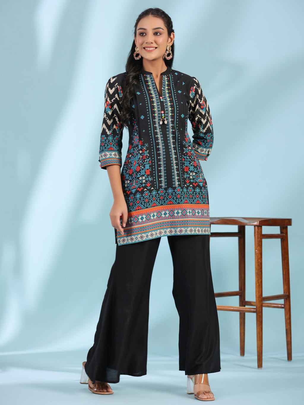 Juniper Women's Black Pure Cotton Geometric Printed & Pleated Kurta With Beads & Sequins | Grocsy