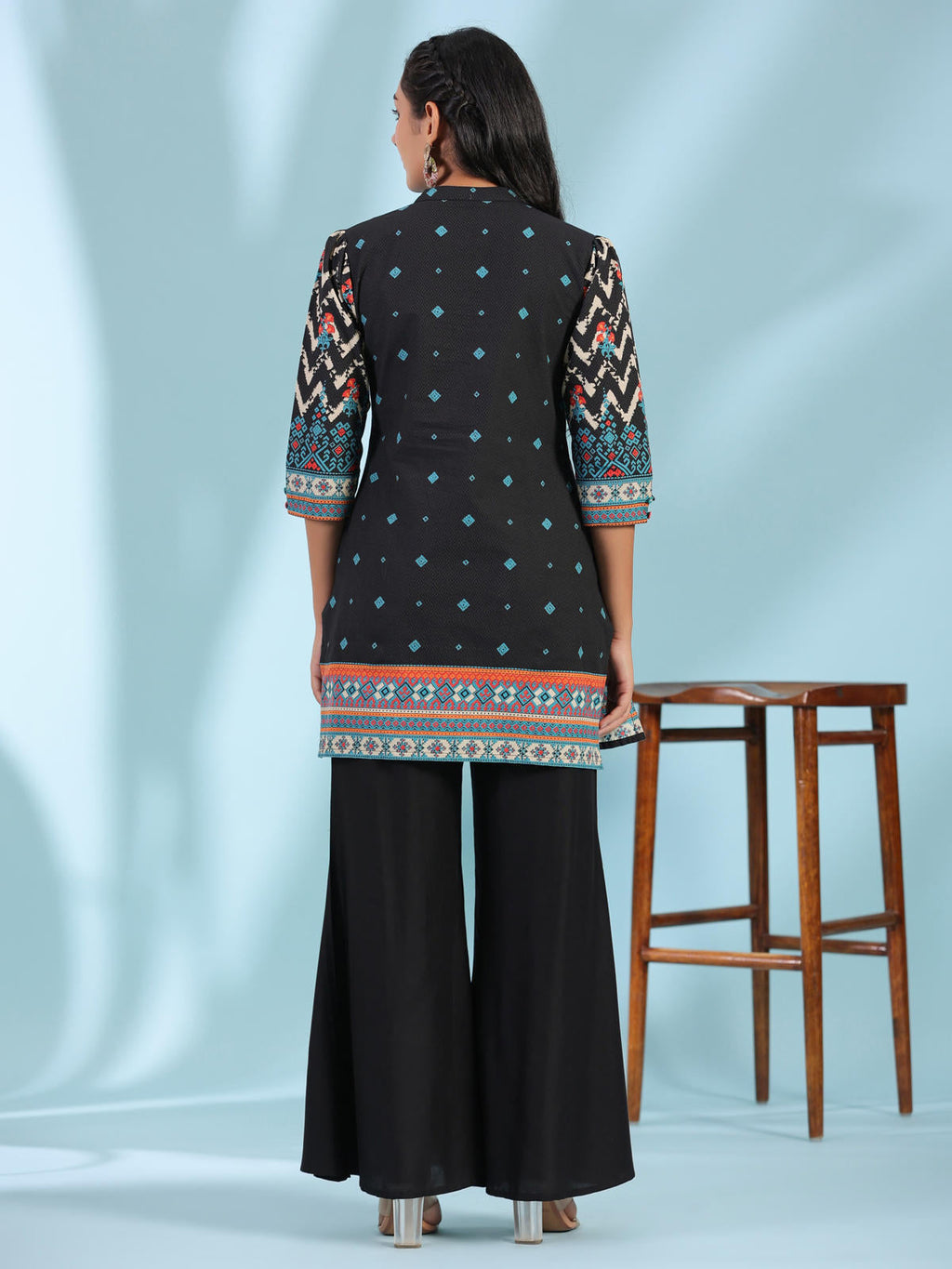 Juniper Women's Black Pure Cotton Geometric Printed & Pleated Kurta With Beads & Sequins | Grocsy