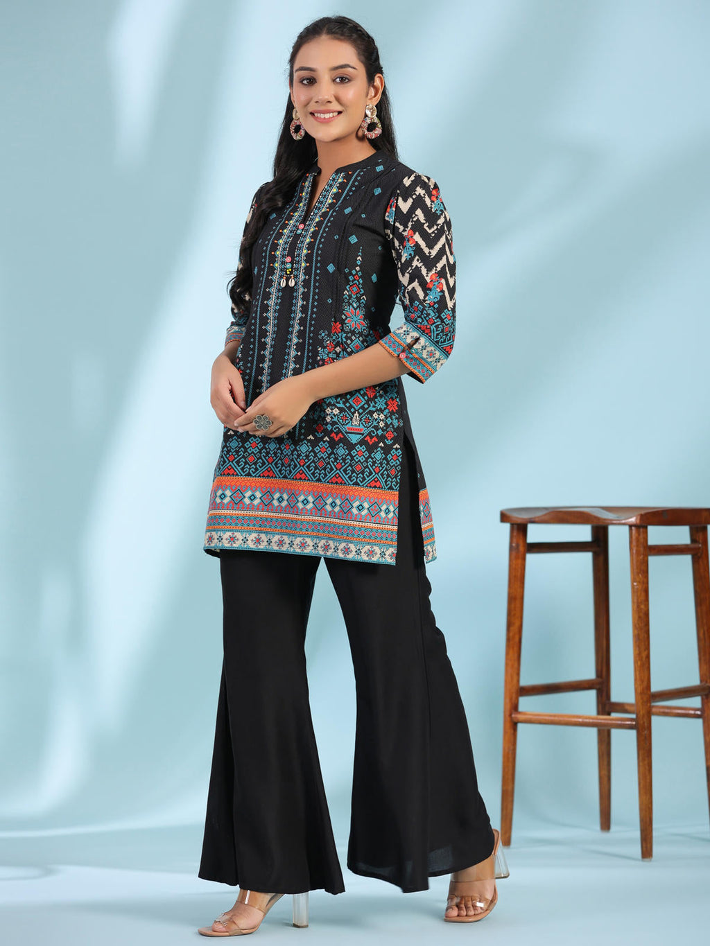 Juniper Women's Black Pure Cotton Geometric Printed & Pleated Kurta With Beads & Sequins | Grocsy
