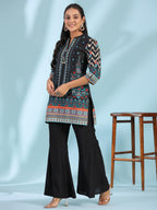 Juniper Women's Black Pure Cotton Geometric Printed & Pleated Kurta With Beads & Sequins | Grocsy